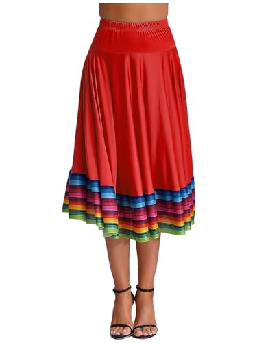 CHICTRY Damen Flamenco Dance Lange Rock Maxirock Tanzrock Faltenrock Tango Latein Walzer Bauchtanz Ballroom Wettbewerb Kostüm Rot B XL von CHICTRY