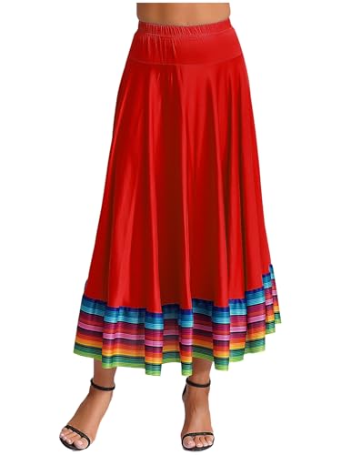 CHICTRY Damen Flamenco Dance Lange Rock Maxirock Tanzrock Faltenrock Tango Latein Walzer Bauchtanz Ballroom Wettbewerb Kostüm Rot C 5XL von CHICTRY