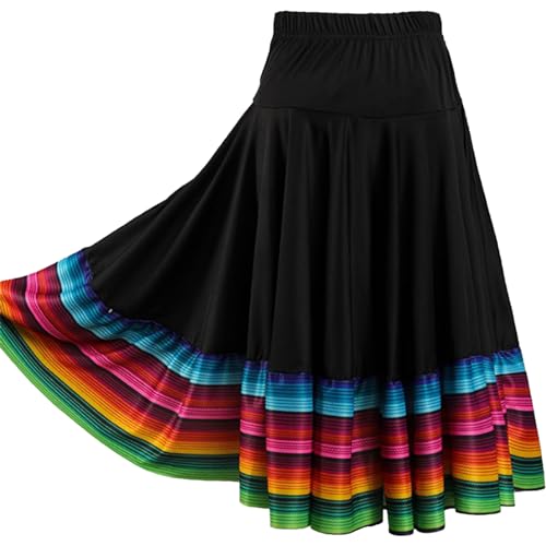 CHICTRY Damen Flamenco Dance Lange Rock Maxirock Tanzrock Faltenrock Tango Latein Walzer Bauchtanz Ballroom Wettbewerb Kostüm Schwarz A 3XL von CHICTRY