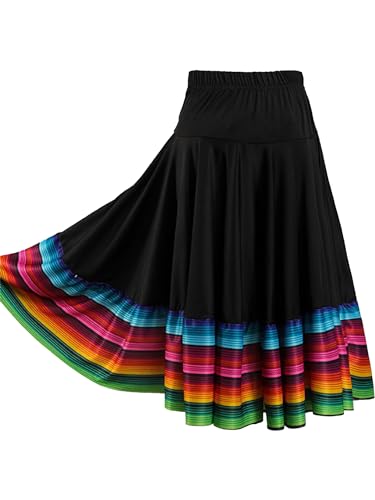 CHICTRY Damen Flamenco Dance Lange Rock Maxirock Tanzrock Faltenrock Tango Latein Walzer Bauchtanz Ballroom Wettbewerb Kostüm Schwarz A 4XL von CHICTRY