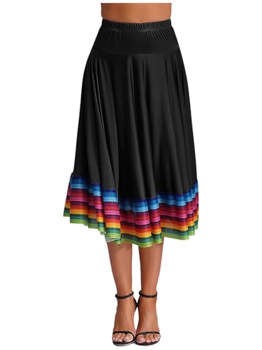CHICTRY Damen Flamenco Dance Lange Rock Maxirock Tanzrock Faltenrock Tango Latein Walzer Bauchtanz Ballroom Wettbewerb Kostüm Schwarz B 5XL von CHICTRY