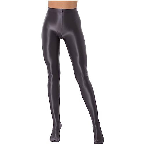 CHICTRY Damen Glossy Glänzende Tanzen Stage Strumpfhose Blickdicht Große Größen Sexy Pantyhose Glanz High Waist Yoga Sport Ballett Leggins Slim Fit Elegant Dunkel Grau L von CHICTRY