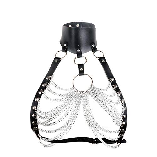 CHICTRY Damen Gothic Kostüm Punk Körpergeschirr Brust Harness Wetlook Oberteile mit Leder Halsband und Metallic Kette Quaste Schwarz B One Size von CHICTRY