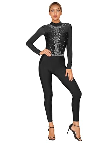 CHICTRY Gymnastikanzug Damen Ganzkörper Langarm Gymnastik Body Stehkragen Trikot Strass Glitzer Eiskunstlauf Anzug Patchwork Ganzkörperanzug Dancewear A_Schwarz L von CHICTRY