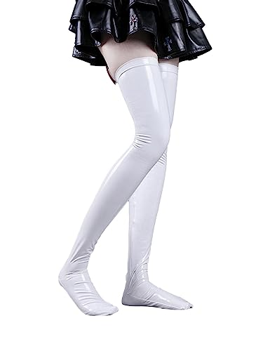 CHICTRY Damen Halterlose Strümpfe Wetlook Overknee Stocking Kniestrümpfe Einfarbig Stretch Cosplay Kostüm Gothic Punk Kleidung Weiß C One Size von CHICTRY