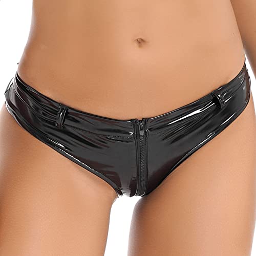 CHICTRY Damen Kunstleder Unterhose Hohe Taille Skinny Shorts Sexy Hotpants Kostüm Basic Hotpants mit Reißverschlüsse Clubwear Schwarz F S von CHICTRY