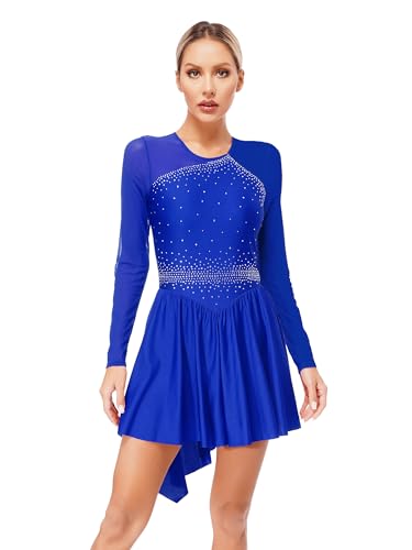 CHICTRY Damen Langarm Eiskunstlauf Kleid Glitzer Strass Tanzkleid Stehkragen Gymnastik Body Patchwork Trikot Mit Asymetrishc Rock Dancewear Blau M von CHICTRY