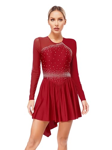 CHICTRY Damen Langarm Eiskunstlauf Kleid Glitzer Strass Tanzkleid Stehkragen Gymnastik Body Patchwork Trikot Mit Asymetrishc Rock Dancewear Burgundy XL von CHICTRY