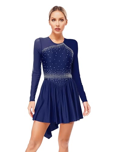 CHICTRY Damen Langarm Eiskunstlauf Kleid Glitzer Strass Tanzkleid Stehkragen Gymnastik Body Patchwork Trikot Mit Asymetrishc Rock Dancewear Navy blau XXL von CHICTRY
