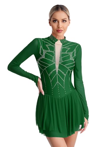 CHICTRY Damen Langarm Eiskunstlauf Kleid Strass Glitzer Ballettkleid Mesh Patchwork Trikot Stehkragen Leotard Mit Asymmetrisch Rock Wettbewerb Kostüm Dunkelgrün XXL von CHICTRY