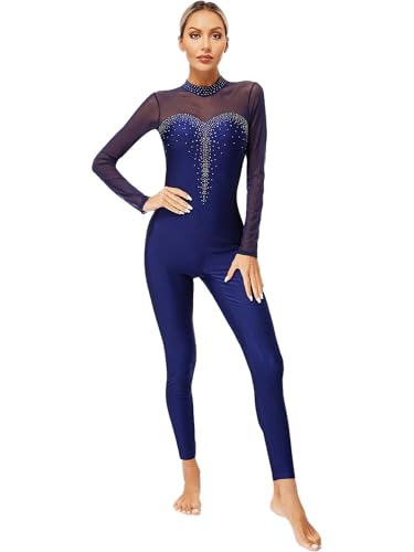 CHICTRY Ganzkörper Turnanzug Damen Langarm Ballettanzug Strassstein Glitzer Sportbody Gymnastik Trikot Leotard Wettbewerb Tanzkostüm Navy blau M von CHICTRY