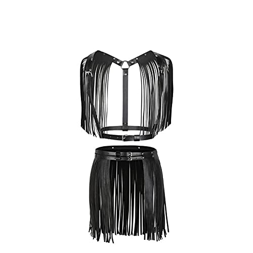 CHICTRY Damen Leder Fransen Rock Taille Gürtel mit Quaste Brust Harness Gothic Punk Körpergeschirr Kostüm Wetlook Fasching Party Clubwear Schwarz A One Size von CHICTRY