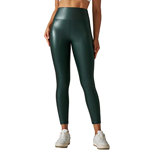 CHICTRY Damen Leder Leggings High Waist Lederhose Sexy Stretch Lederoptik Treggings Pants Glitzer Party Disco Kostüm Grün A L von CHICTRY