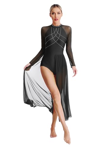 CHICTRY Lyrisch Tanzkleid Damen Langarm Ballettkleid Strass Glitzer Ballettanzug Stehkragen Body Patchwork Trikot Mit Chiffon Schlitz Rock Dancewear Schwarz M von CHICTRY