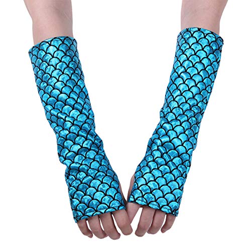 CHICTRY Damen Meerjungfrau Handschuhe Fingerlos Armstulpen mit Fischschuppe Stulpenhandschuhe für Clubwear Party Fasching Weihnachten Kostüm See Blau One Size von CHICTRY