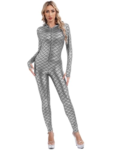 CHICTRY Damen Meerjungfrau Kostüm Langarm Metallic Body Ganzkörper Turnanzug Fischschuppen Overall Glänzend Jumpsuit Mit Kapuze Ganzanzug Silber M von CHICTRY
