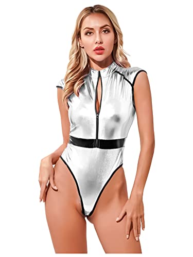CHICTRY Damen Metallic Body Lackleder Catsuit Glitzer Overall Kurz Jumpsuit Mit Reißverschluss Gogo Rave Holographic Festival Outfit Silber XXL von CHICTRY
