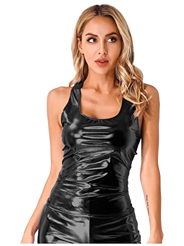 CHICTRY Damen Metallic Camisole Crop Top Glänzend Ärmellos T-Shirt Tief U-Ausschnitt Träger Unterhemd Basic Weste Vest Holographic Silvester Outfit Z Schwarz L von CHICTRY