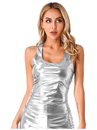 CHICTRY Damen Metallic Camisole Crop Top Glänzend Ärmellos T-Shirt Tief U-Ausschnitt Träger Unterhemd Basic Weste Vest Holographic Silvester Outfit Z Silber L von CHICTRY