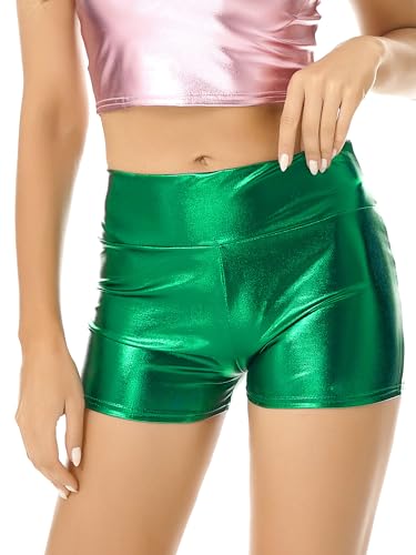 CHICTRY Damen Metallic Hotpants Glänzende Shorts mit hoher Taille Eng Anliegende Kurze Hose für Tanz Sport Disco Fasching Karneval Kostüm Grün A M von CHICTRY