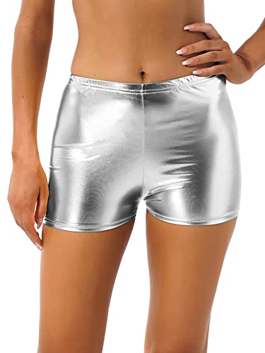 CHICTRY Damen Metallic Hotpants Glänzende Shorts mit hoher Taille Eng Anliegende Kurze Hose für Tanz Sport Disco Fasching Karneval Kostüm Silber One Size von CHICTRY