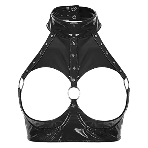 CHICTRY Damen Ouvert BH Push Up Sexy Offen Latex Leder Hebe Bra Büstenhebe Bustier Brustfrei Dessous Lingerie Bikini Oberteil Gogo Clubwear B Schwarz L von CHICTRY