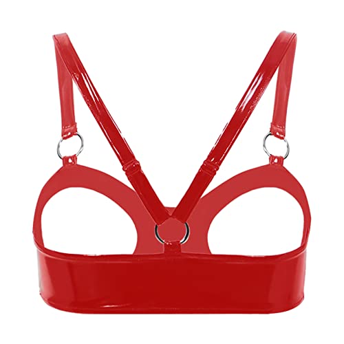 CHICTRY Damen Ouvert BH Push Up Sexy Offen Latex Leder Hebe Bra Büstenhebe Bustier Brustfrei Dessous Lingerie Bikini Oberteil Gogo Clubwear Rot H S von CHICTRY