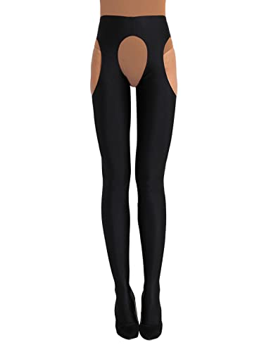 CHICTRY Damen Ouvert-Strumpfhose Glanz Legging Smooth lang Pantyhose Crotchless Bodystockings Babydoll Erotik Dessous Pants mit Offenem Schritt A Schwarz XL von CHICTRY