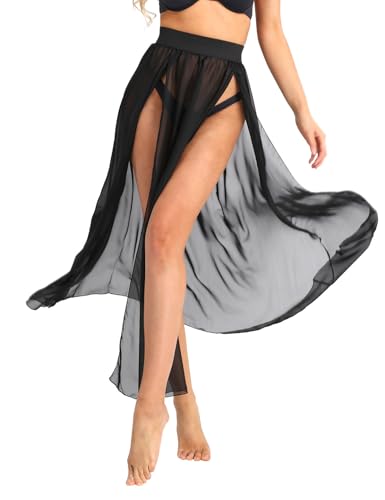 CHICTRY Damen Pareos Bikini Cover up Chiffon Strandkleid Strandrock Maxirock Sommerrock Lange Tanzkleid Transparent Faltenrock mit Schlitz Gr. S-XL Schwarz L von CHICTRY