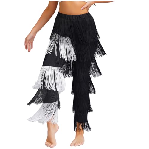CHICTRY Damen Quasten Fransen Tanzhose Ballsaal Latein Tango Salsa Praxis Performance Hosen Leggings Elastisch Schwarz-Weiss L von CHICTRY