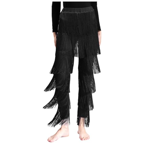 CHICTRY Damen Quasten Fransen Tanzhose Ballsaal Latein Tango Salsa Praxis Performance Hosen Leggings Elastisch Schwarz XL von CHICTRY