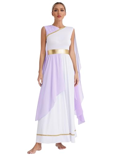 CHICTRY Damen Römische Göttin Antikem Griechischen Toga Kostüm Metallic Patchwork Lang Edles Kleid Chiffon Robe Für Fasching Karneval Lavendel L von CHICTRY