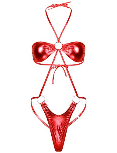 CHICTRY Damen Sexy Mini Bikini Einteiler Metallic Badeanzug Micro Slingshot Bikini mit O-Ring Erotik Dessous Rückenfrei Neckholder Bra Push Up Rot OneSize CHICTRY Damen Sexy Mini Bikini Einteiler Metallic Badeanzug Micro Slingshot Bikini mit O-Ring Erotik Dessous Rückenfrei Neckholder Bra Push Up Rot OneSize von CHICTRY