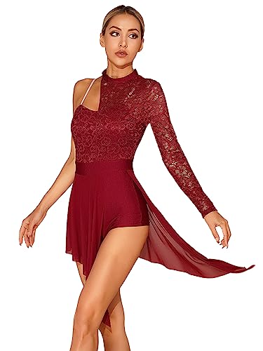 CHICTRY Damen Spitze Ballettkleid EIN Schulter Tanzkleid Lyrisch Blumenmuster Ballett Body Patchwork Trikot Mit Asymetrisch Rock Dancewear Burgundy S von CHICTRY