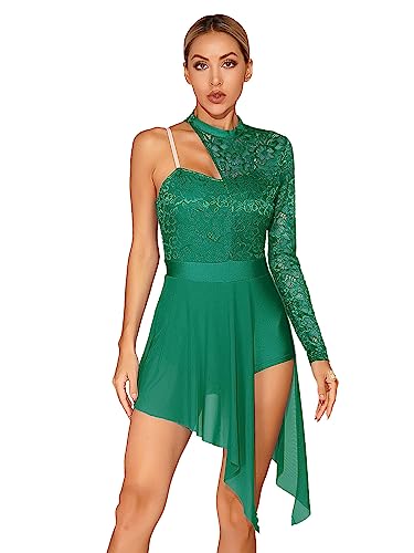 CHICTRY Damen Spitze Ballettkleid EIN Schulter Tanzkleid Lyrisch Blumenmuster Ballett Body Patchwork Trikot Mit Asymetrisch Rock Dancewear Grün S von CHICTRY