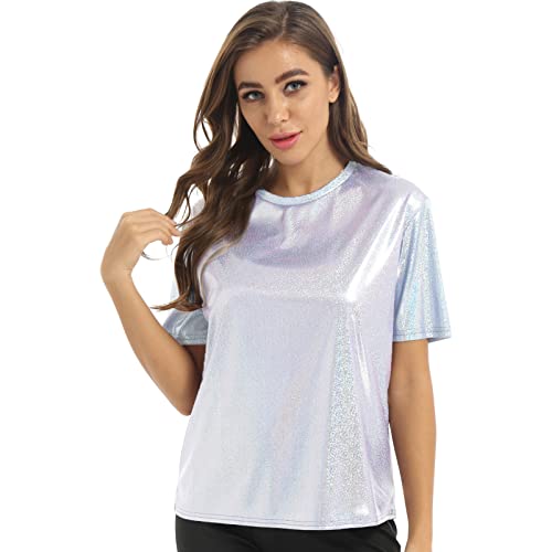 CHICTRY Metallic Shirt Damen Sexy Kurzarm Party Oberteil Glitzer Rundhals Tunika Blusen Stretch Hemd Holografisches Rave Outfit X Weiß M von CHICTRY