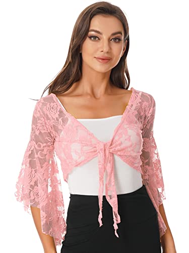 CHICTRY Damen Transparent Bolero Spitzen Jacke Festlich Kurz Blumenmuster Cardigan Kurzarm Jäckchen Zum Binden Vorne Für Hochzeit Cocktailkleid Rosa A One Size von CHICTRY