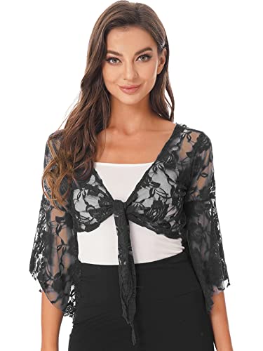 CHICTRY Damen Transparent Bolero Spitzen Jacke Festlich Kurz Blumenmuster Cardigan Kurzarm Jäckchen Zum Binden Vorne Für Hochzeit Cocktailkleid Schwarz A One Size von CHICTRY