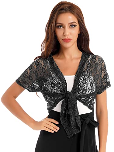 CHICTRY Damen Transparent Bolero Spitzen Jacke Festlich Kurz Blumenmuster Cardigan Kurzarm Jäckchen Zum Binden Vorne Für Hochzeit Cocktailkleid Schwarz One Size von CHICTRY