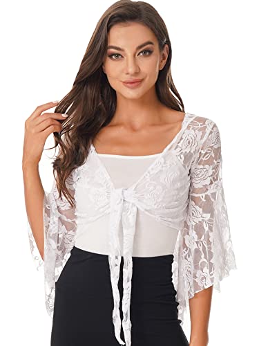 CHICTRY Damen Transparent Bolero Spitzen Jacke Festlich Kurz Blumenmuster Cardigan Kurzarm Jäckchen Zum Binden Vorne Für Hochzeit Cocktailkleid Weiß A One Size von CHICTRY