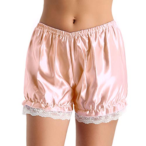 CHICTRY Damen Unterhose Vintage Bloomer mit Rüschen Spitze Panties Hipster Schlüpfer Leggings Shorts Schlafhose Reizwäsche in 4 Glänzend Farben Perlrosa Einheitsgröße von CHICTRY