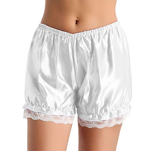 CHICTRY Damen Unterhose Vintage Bloomer mit Rüschen Spitze Panties Hipster Schlüpfer Leggings Shorts Schlafhose Reizwäsche in 4 Glänzend Farben Weiß Einheitsgröße von CHICTRY
