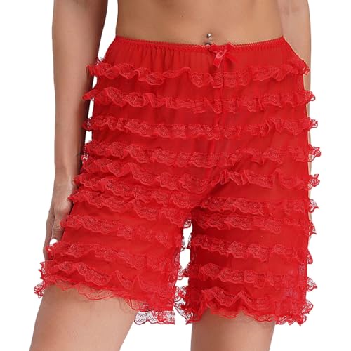 CHICTRY Damen Vintage Bloomer Shorts mit Rüschen Spitze Unterhose viktorianische Kürbis Pantalons Pettipants Renaissance Zigeuner Shorts Rüschen Rot M von CHICTRY