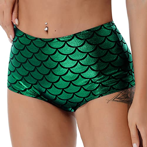 CHICTRY Damen Yoga Sport Booty Shorts Fischschuppen Kurze Hosen Shiny Hotpants Metallic Glänzend Leggings Eng Meerjungfrau Kostüm Grün One Size von CHICTRY