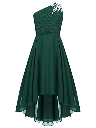 CHICTRY Ein Schulter Kleid Mädchen Festlich Strass Glitzer Partykleid Vorne Kurz Hinten Lang Ballkleid Prinzessin A Linie Brautjungfern Kleid Festzug Armeegrün 146-152 von CHICTRY