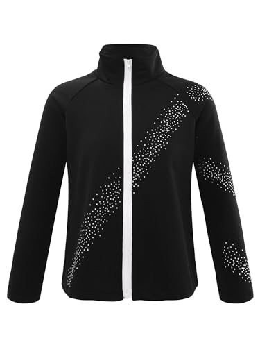 CHICTRY Eiskunstlauf Jacke Mädchen Wärmend Kinder Langarm Rollkunstlauf Jacke Strass Glitzer Sportjacke Mantel Mit Steifen Patchwork Dancewear Schwarz 134-140 von CHICTRY