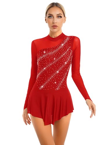 CHICTRY Eiskunstlauf Kleid Damen Glitzer Strass Langarm Ballettkleid Mesh Patchwork Trikot Turnanzug Mit Asymmetrisch Rock Tanzkleid Wettbewerb Kostüm Rot H M von CHICTRY