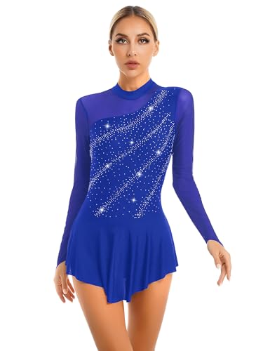 CHICTRY Eiskunstlauf Kleid Damen Glitzer Strass Langarm Ballettkleid Mesh Patchwork Trikot Turnanzug Mit Asymmetrisch Rock Tanzkleid Wettbewerb Kostüm Royal Blau H M von CHICTRY