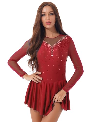 CHICTRY Eiskunstlauf Kleid Damen Glitzer Strass Langarm Ballettkleid Mesh Patchwork Trikot Turnanzug Mit Asymmetrisch Rock Tanzkleid Wettbewerb Kostüm Rot B S von CHICTRY