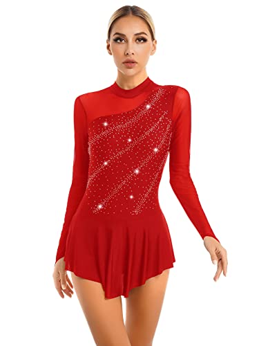 CHICTRY Eiskunstlauf Kleider Damen Langarm Strass Glitzer Rollschuhkleid Mesh Spleiß Ballettkleid Cut Out Gymnastikbody Mit Wickelrock Dancewear Rot L von CHICTRY